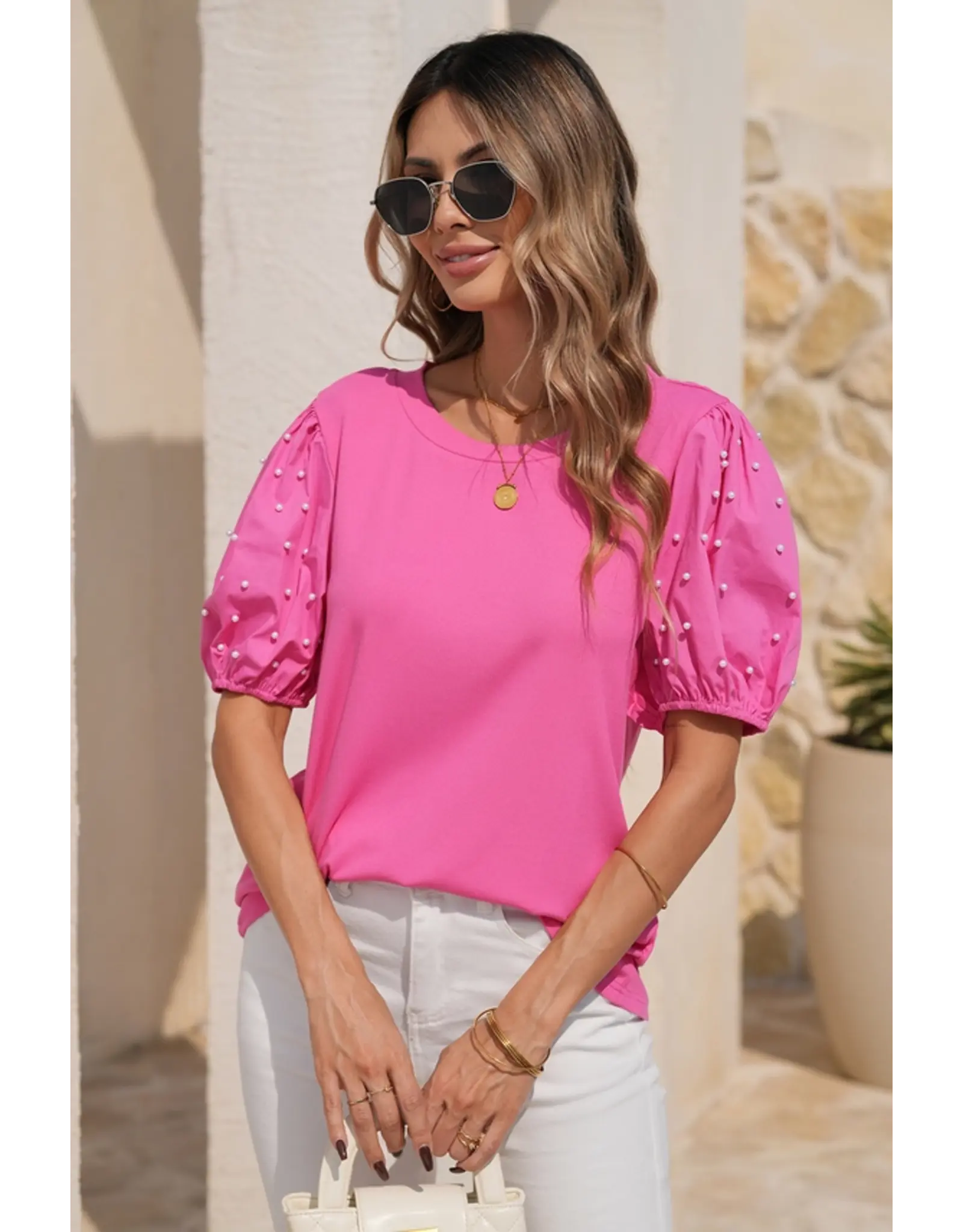 Kelly Pearl Beaded Puff Sleeve Top