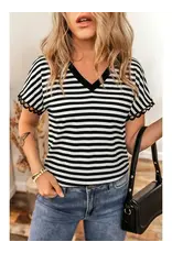 Seeley Black Stripe V Neck Lace Trim Top