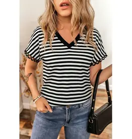 Seeley Black Stripe V Neck Lace Trim Top