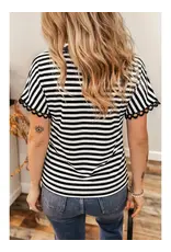 Seeley Black Stripe V Neck Lace Trim Top