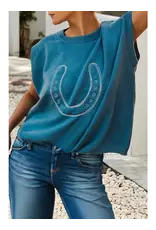 Randi Embroidered Horseshoe Turquoise Short Sleeve Sweater