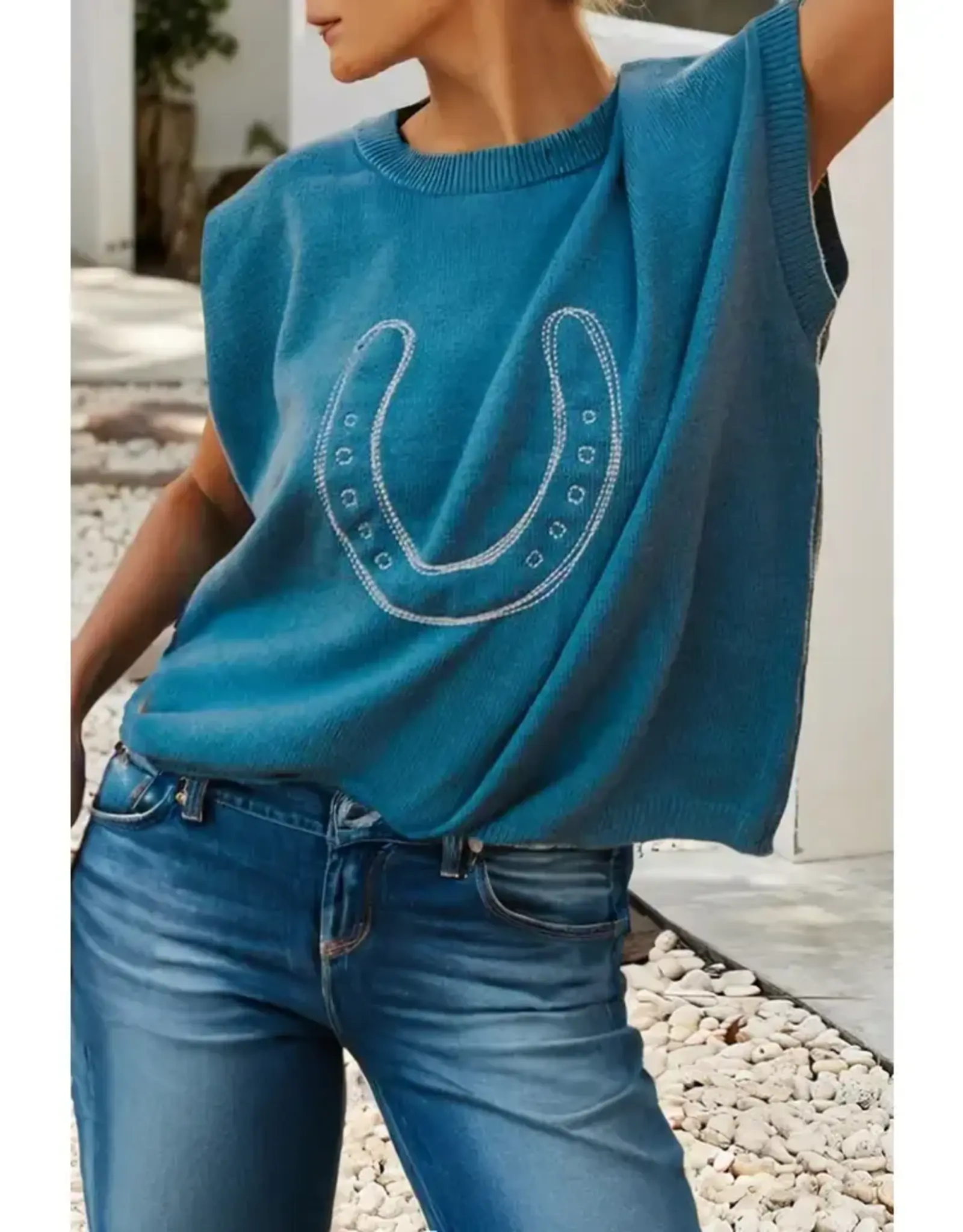 Randi Embroidered Horseshoe Turquoise Short Sleeve Sweater