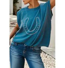 Randi Embroidered Horseshoe Turquoise Short Sleeve Sweater