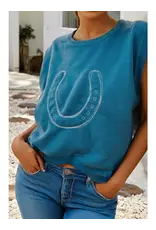 Randi Embroidered Horseshoe Turquoise Short Sleeve Sweater