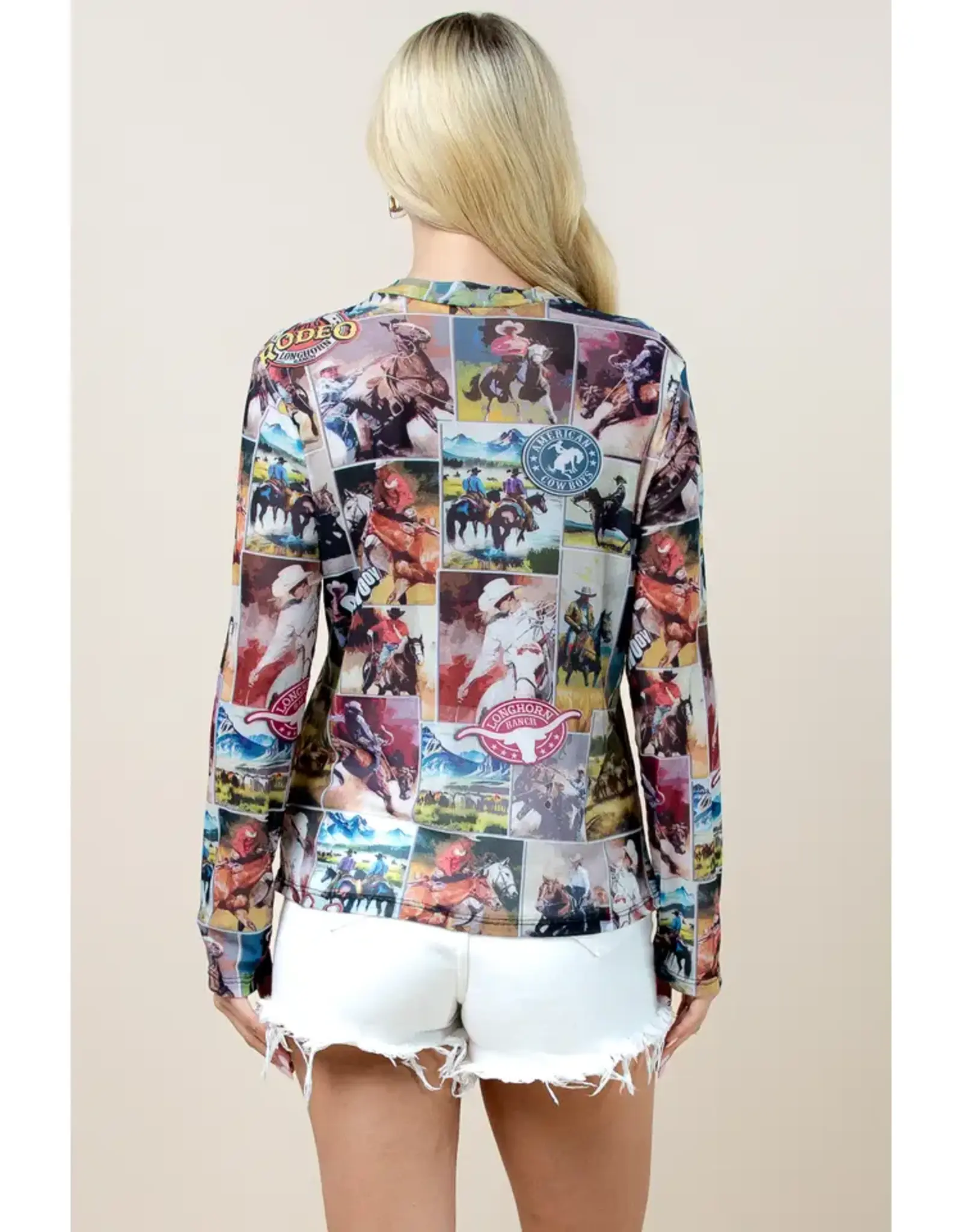 Rodeo Print Mock Neck Mesh Top