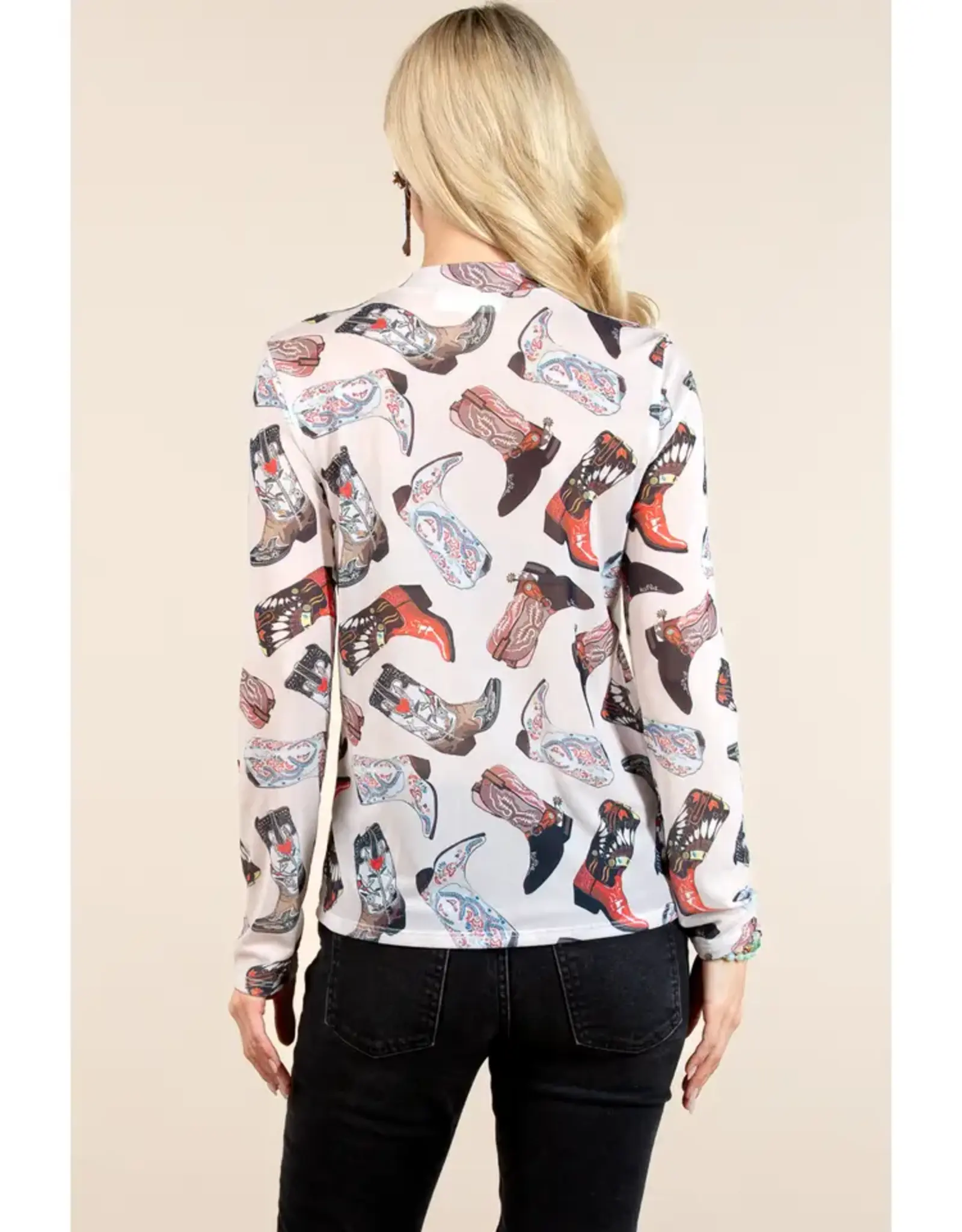 Western Boots Mesh Print Top