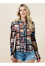 Western Cowboy Stamp Button Up Mesh Top