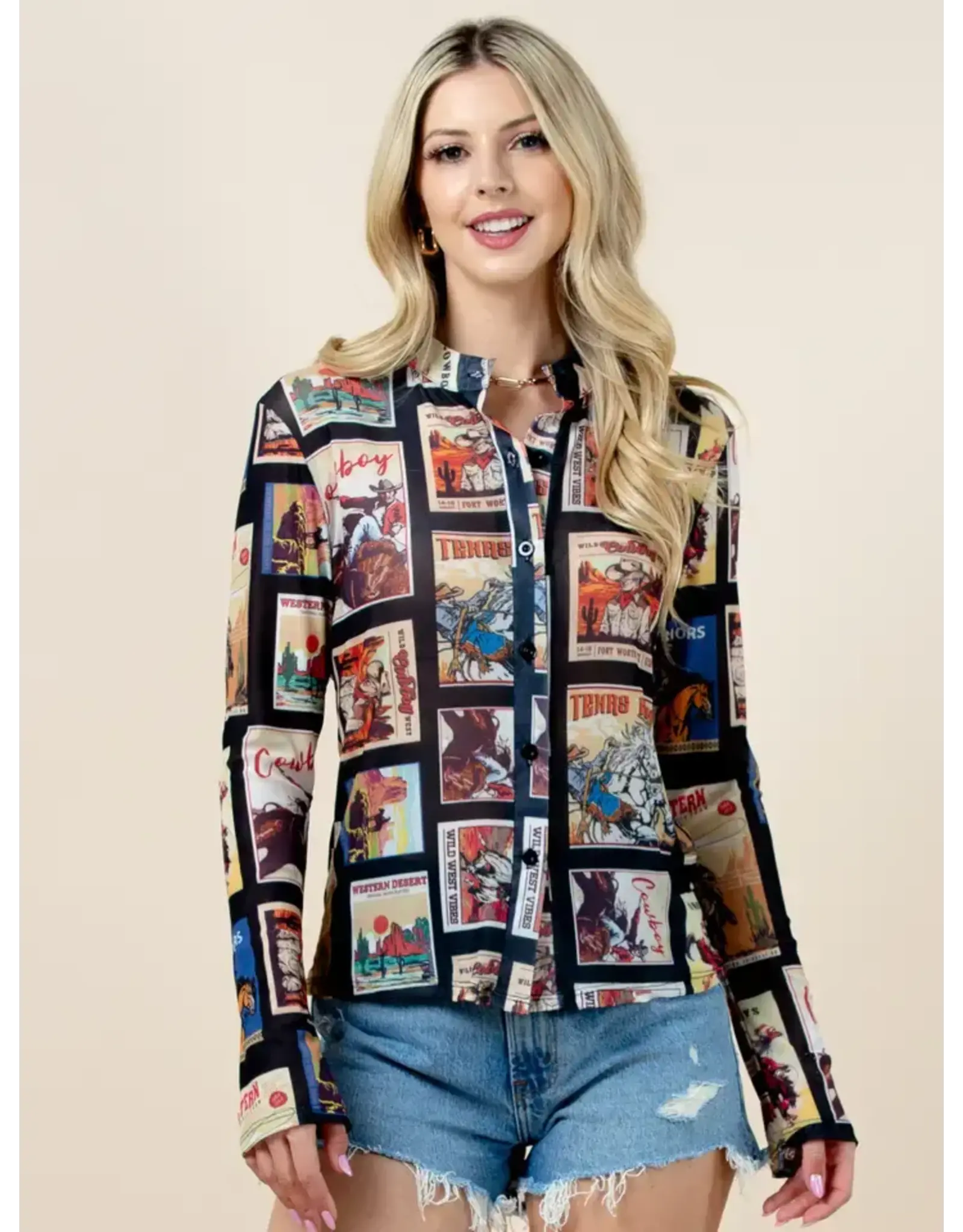 Western Cowboy Stamp Button Up Mesh Top