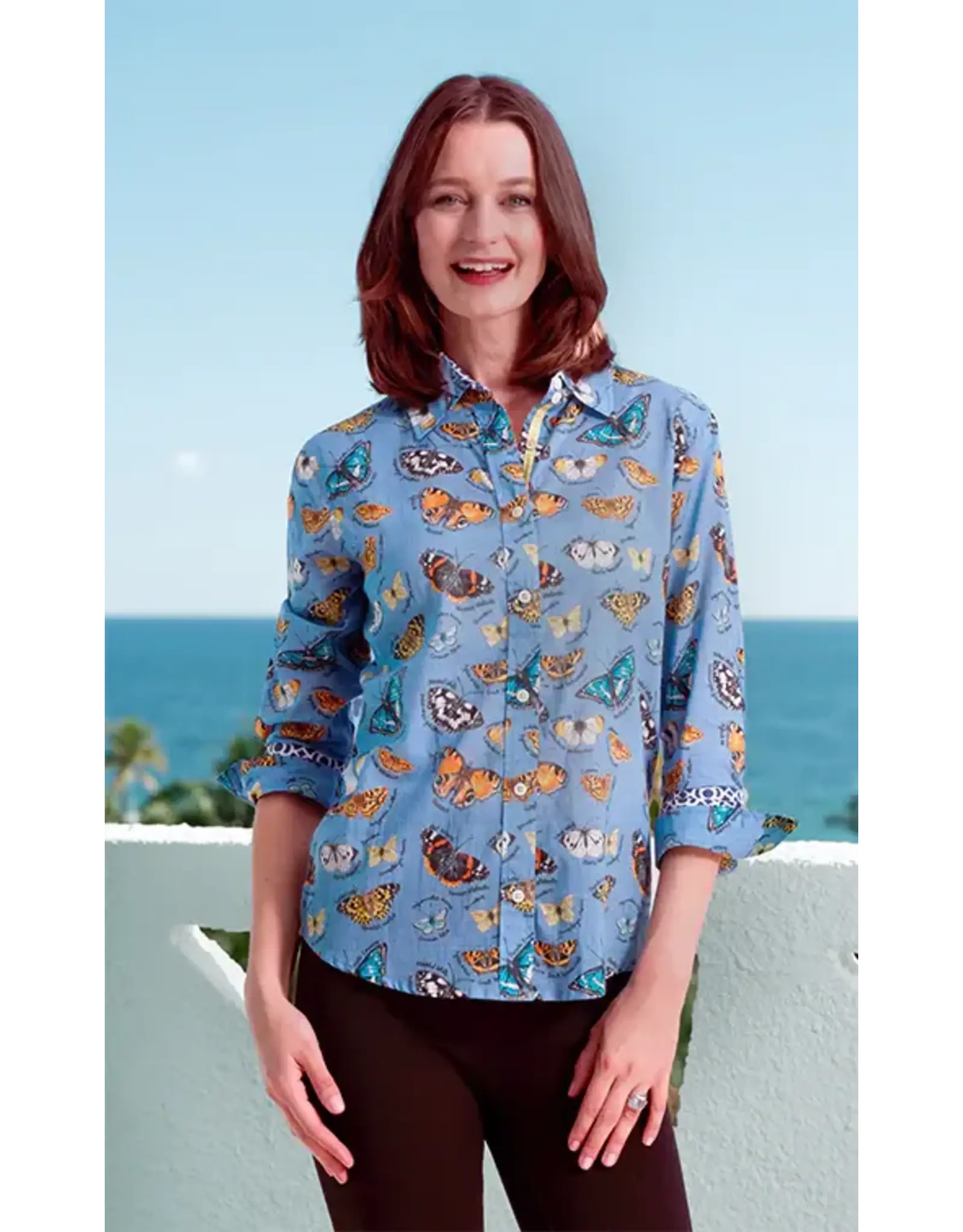 Dizzy Lizzie Rome Shirt Blue Ground Cotton Voile Butterfly Print