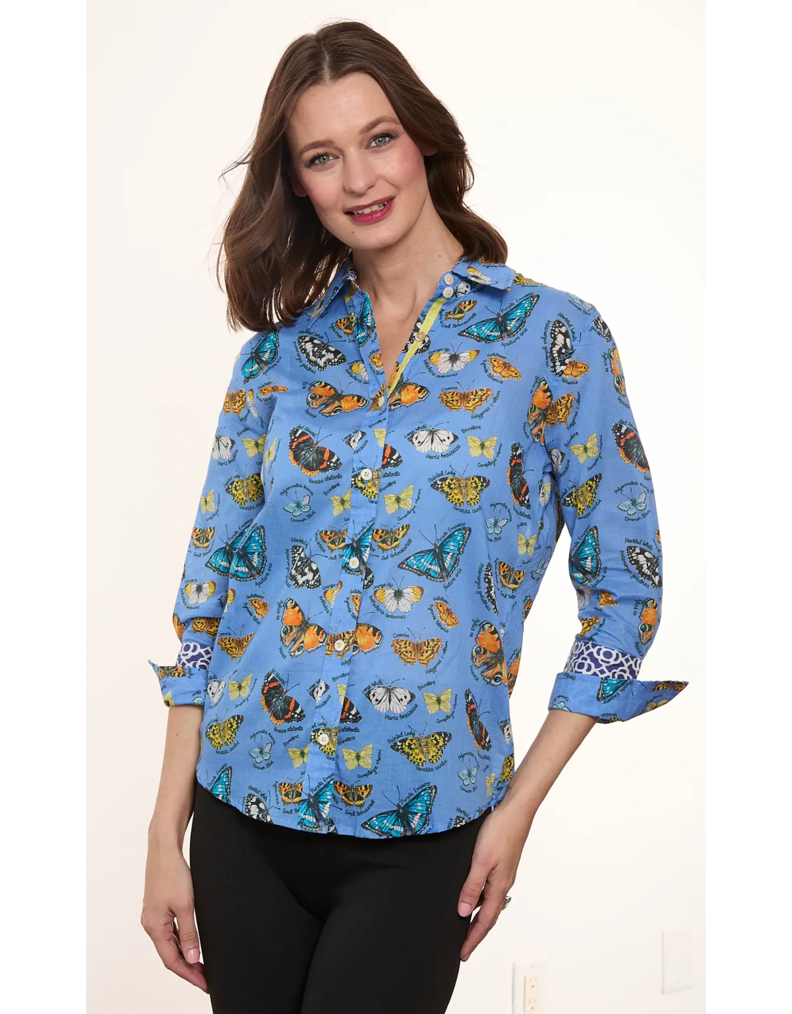 Dizzy Lizzie Rome Shirt Blue Ground Cotton Voile Butterfly Print