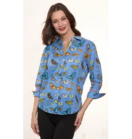 Dizzy Lizzie Rome Shirt Blue Ground Cotton Voile Butterfly Print