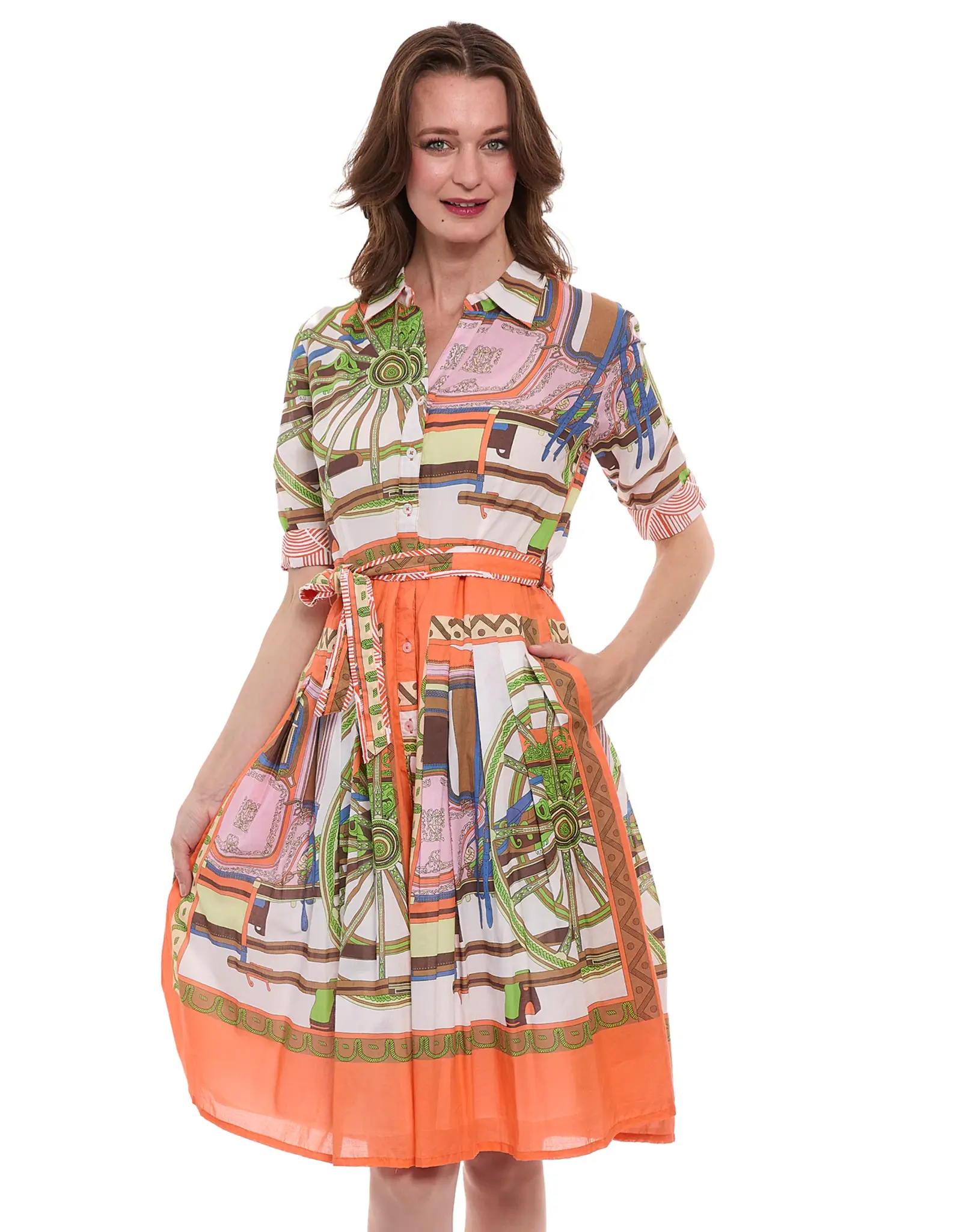 Mrs Maisel Orange Coach Print Dress