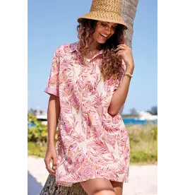 Tribal Tribal Linen Rayon Short Sleeve Collared Shift Dress