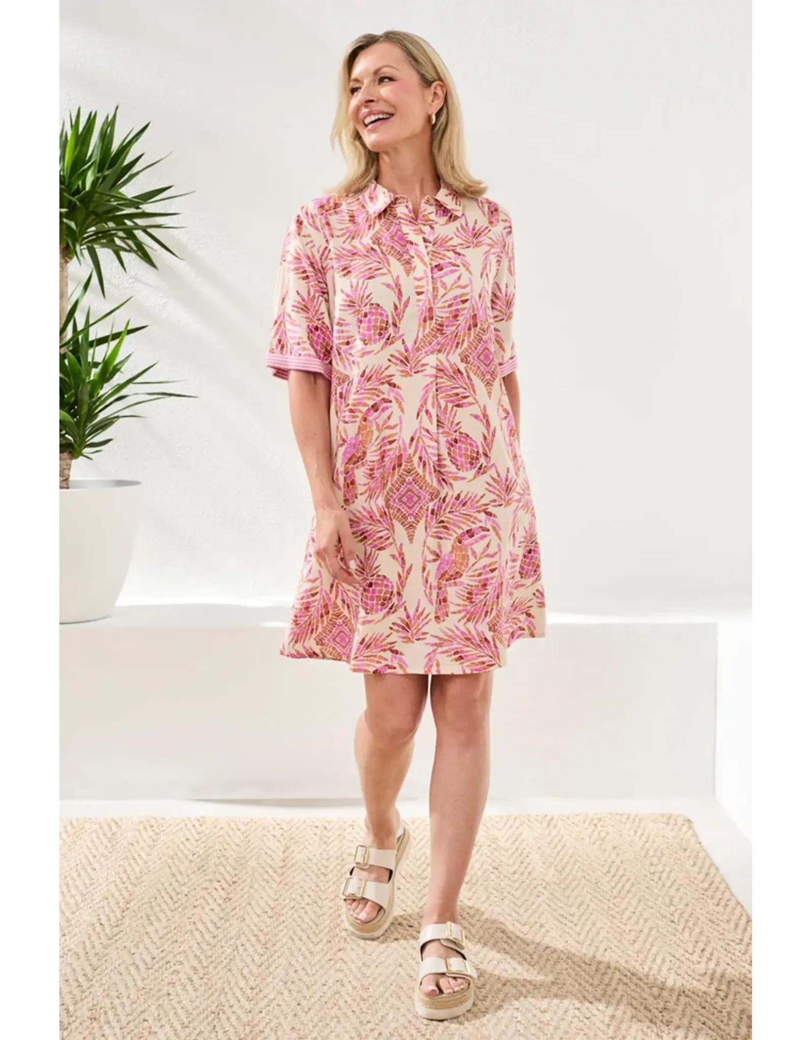 Tribal Tribal Linen Rayon Short Sleeve Collared Shift Dress