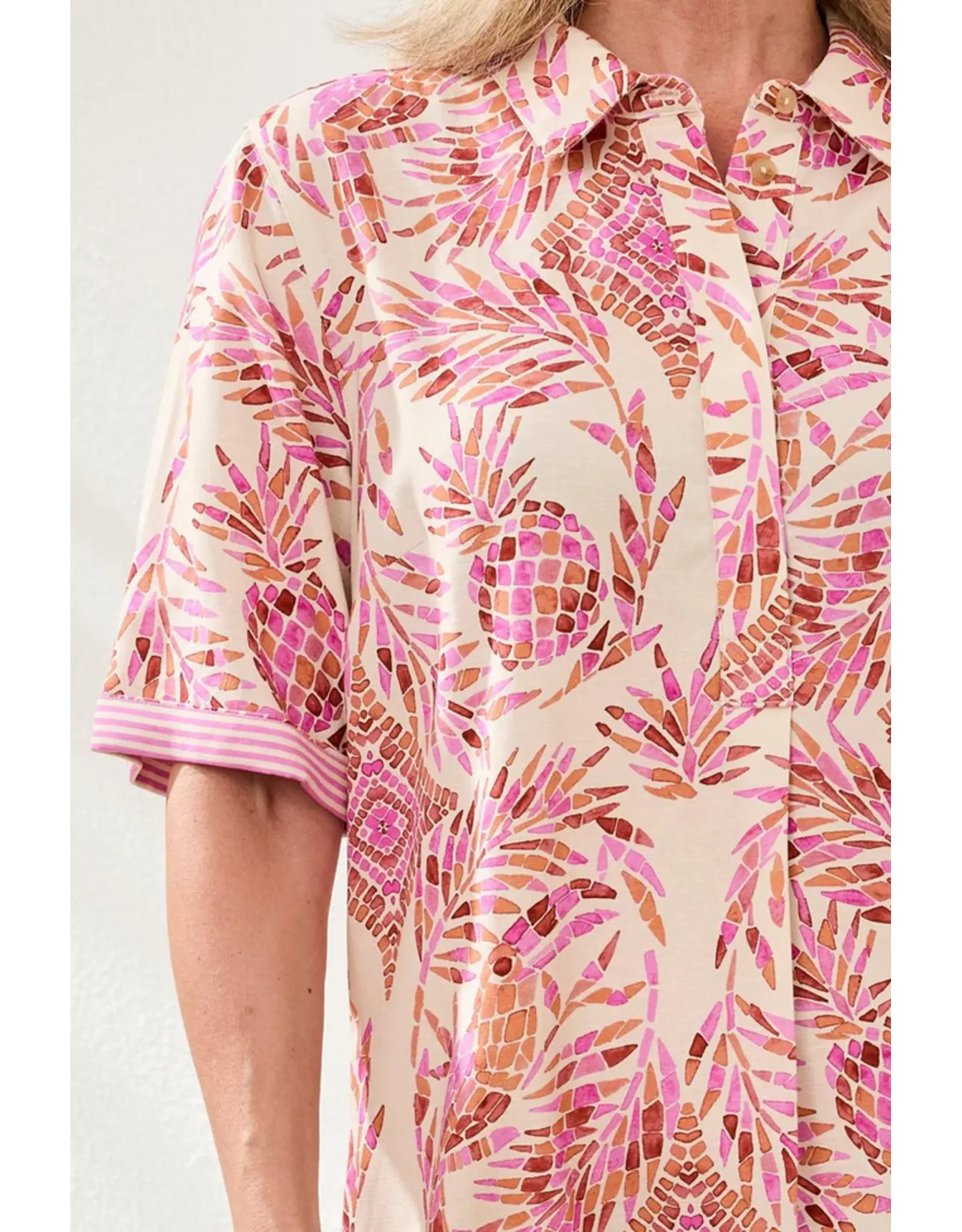 Tribal Tribal Linen Rayon Short Sleeve Collared Shift Dress