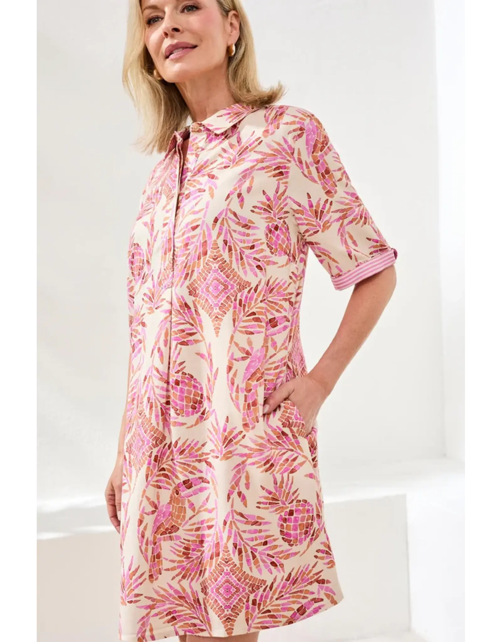 Tribal Tribal Linen Rayon Short Sleeve Collared Shift Dress