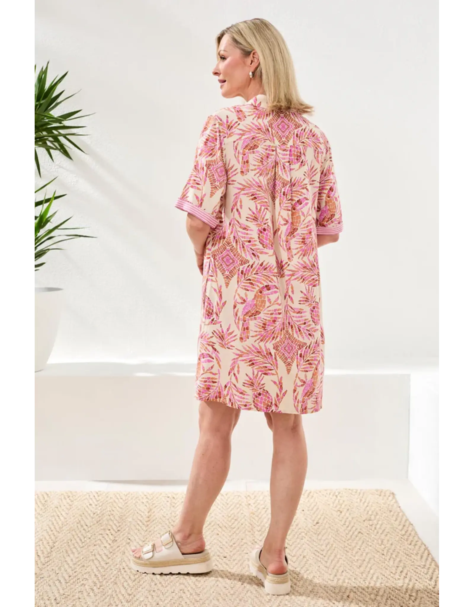 Tribal Tribal Linen Rayon Short Sleeve Collared Shift Dress