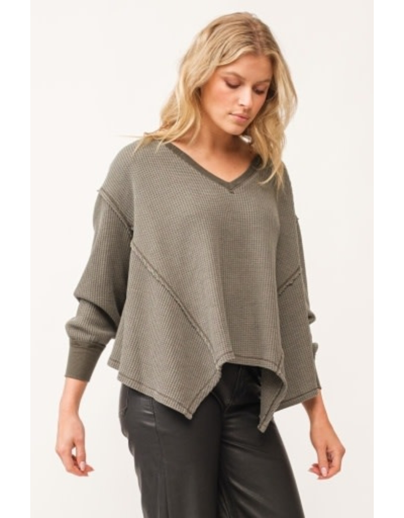 Dear John Denim Dear John Mira V-Neck Oversized Long Sleeve Top - Dark Olive