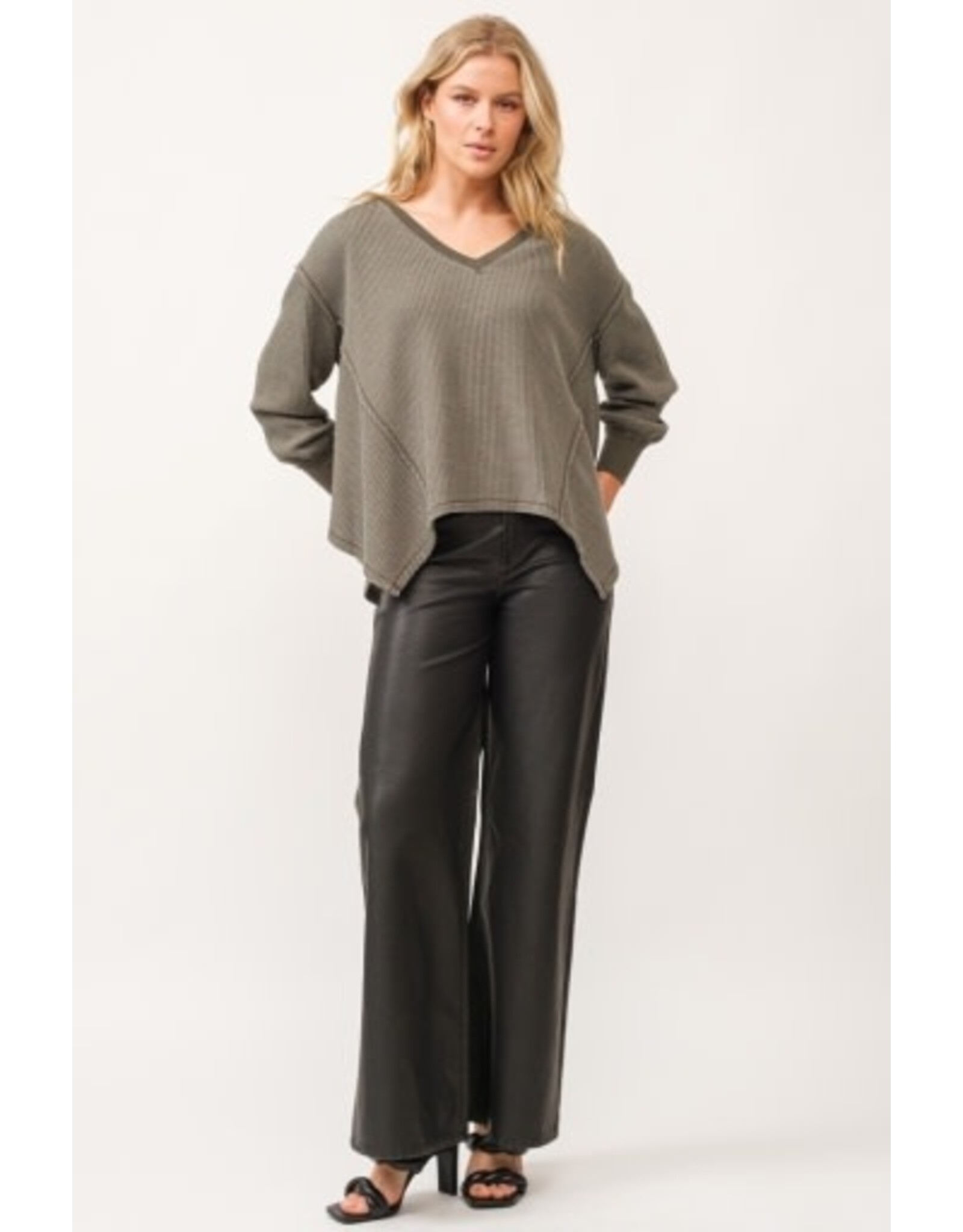 Dear John Denim Dear John Mira V-Neck Oversized Long Sleeve Top - Dark Olive