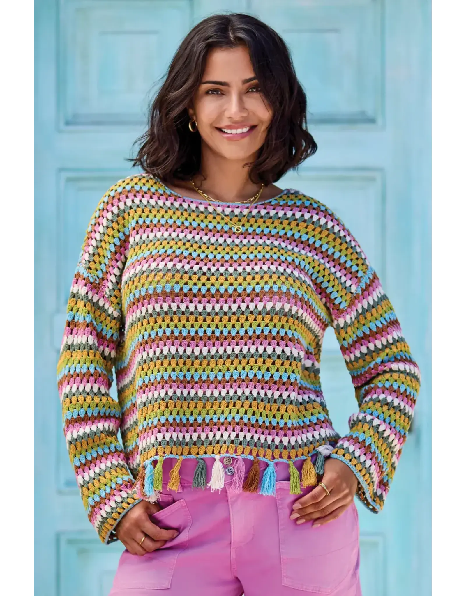 Tribal Tribal Multicolor Crochet Bell Sleeve Sweater with Tassels