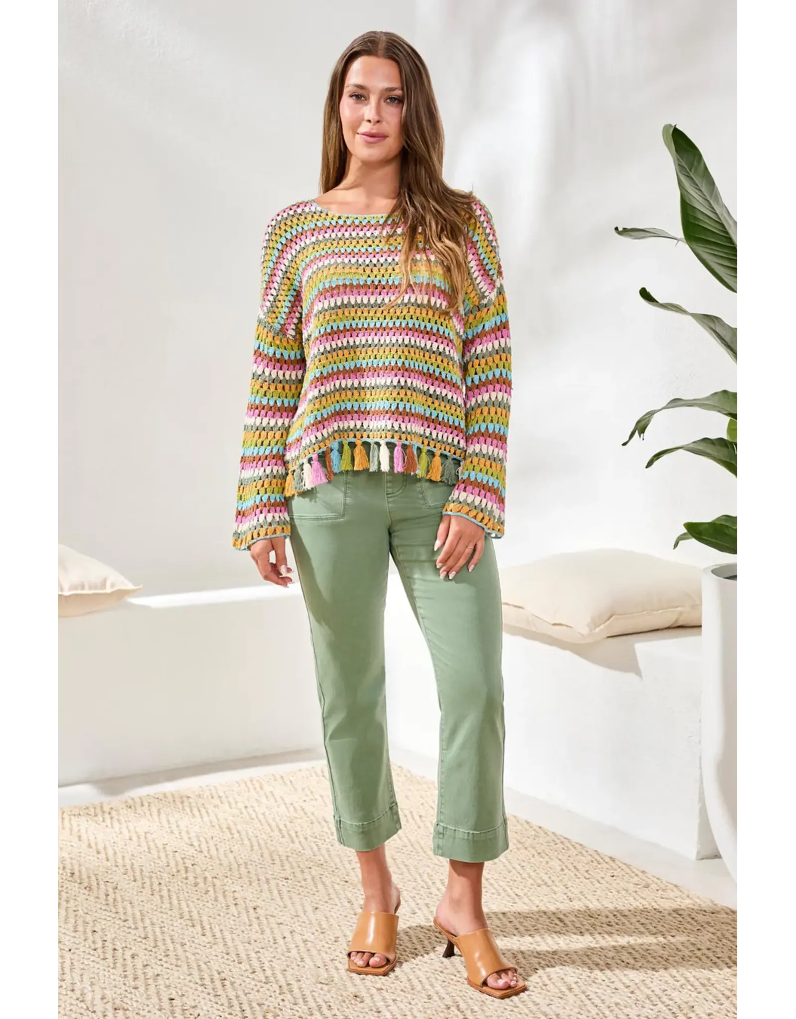 Tribal Tribal Multicolor Crochet Bell Sleeve Sweater with Tassels