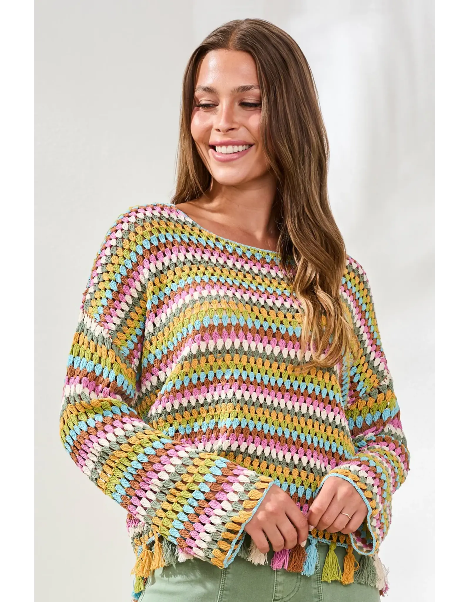 Tribal Tribal Multicolor Crochet Bell Sleeve Sweater with Tassels