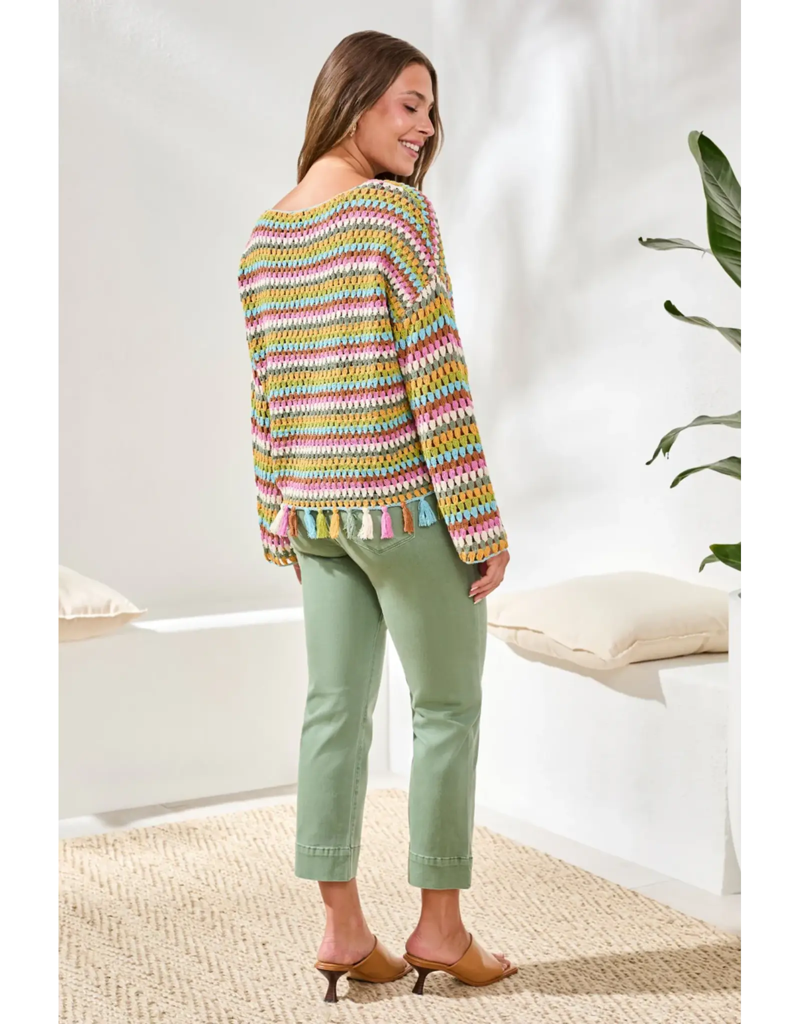 Tribal Tribal Multicolor Crochet Bell Sleeve Sweater with Tassels
