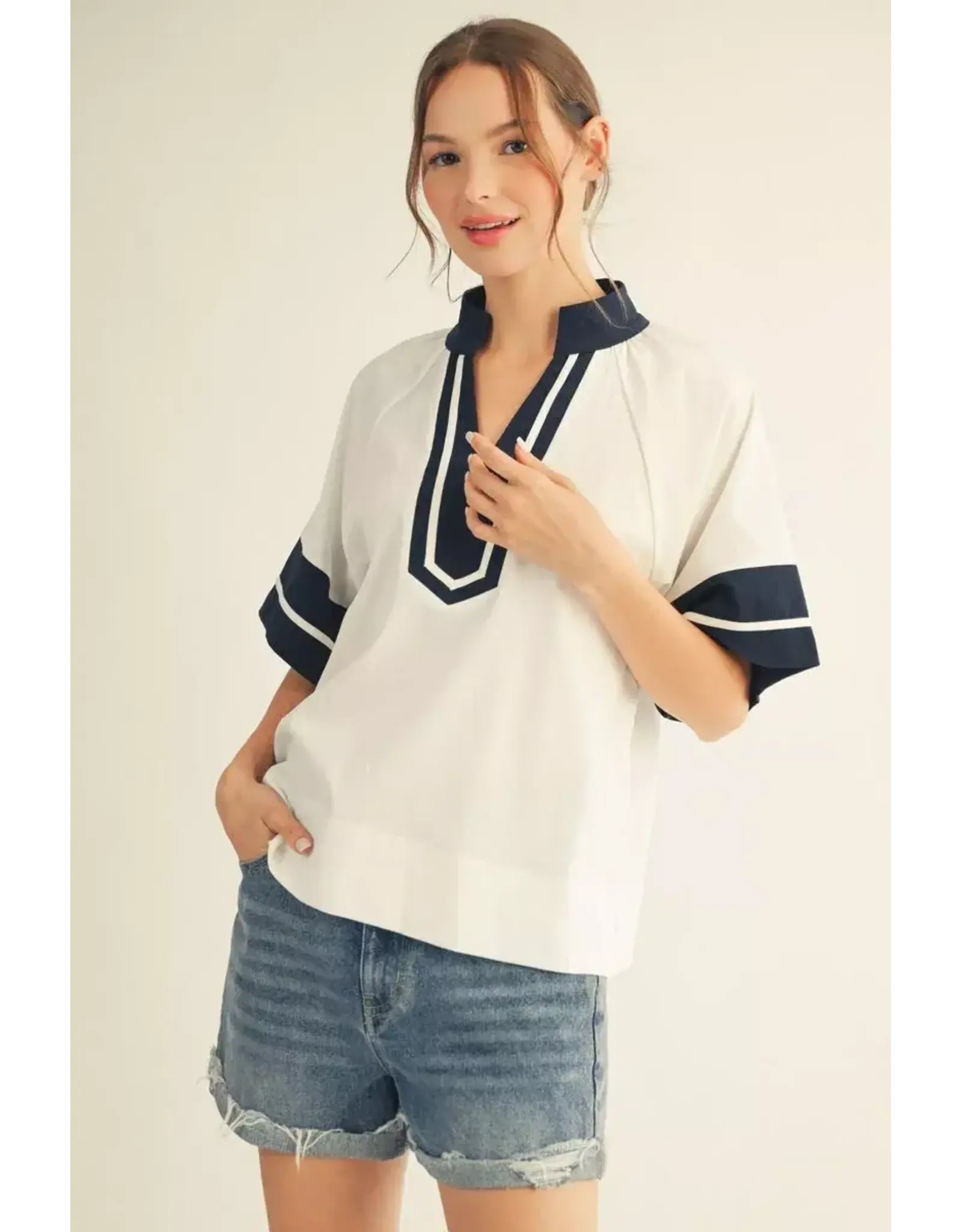 Tara Navy Trim Top