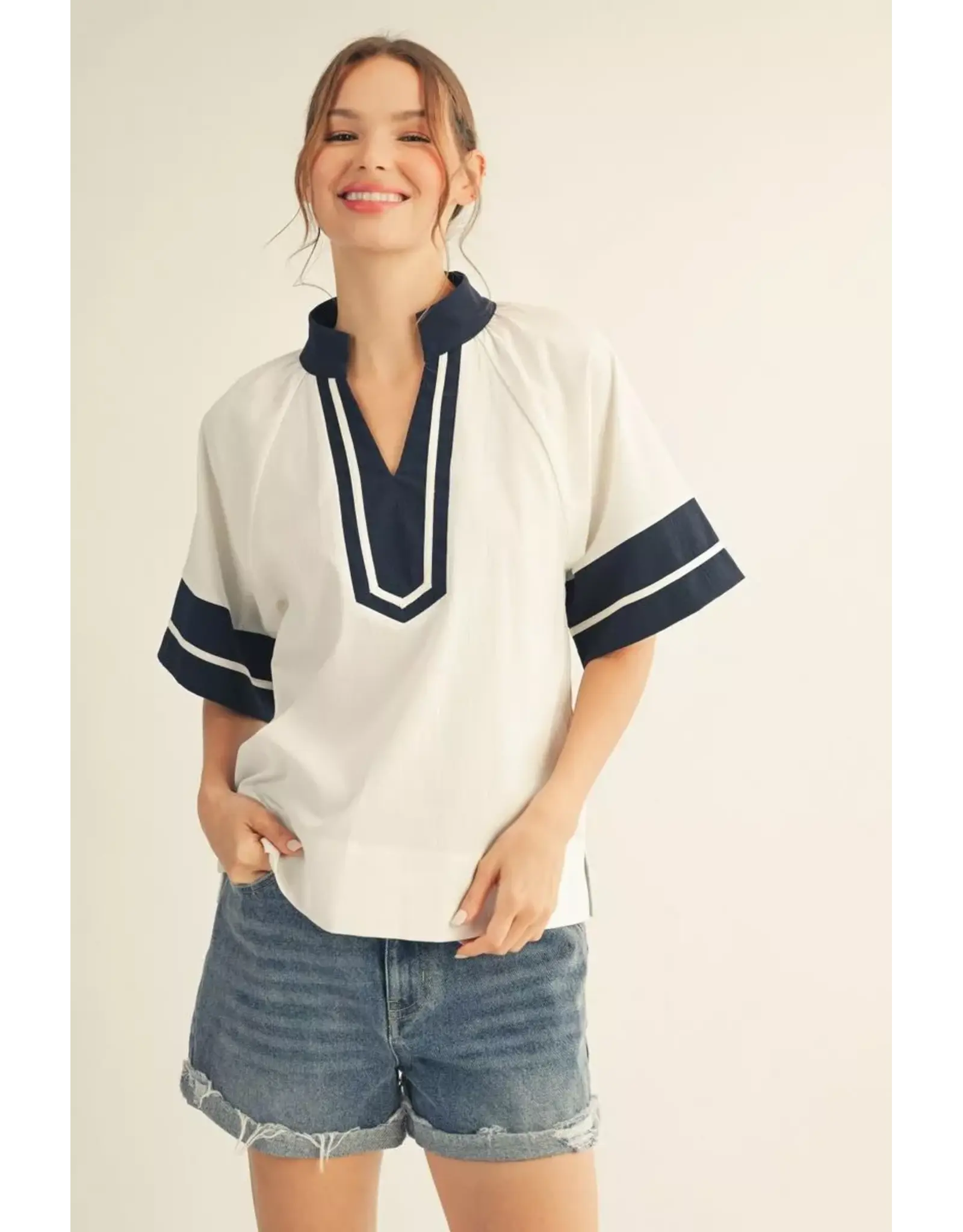 Tara Navy Trim Top