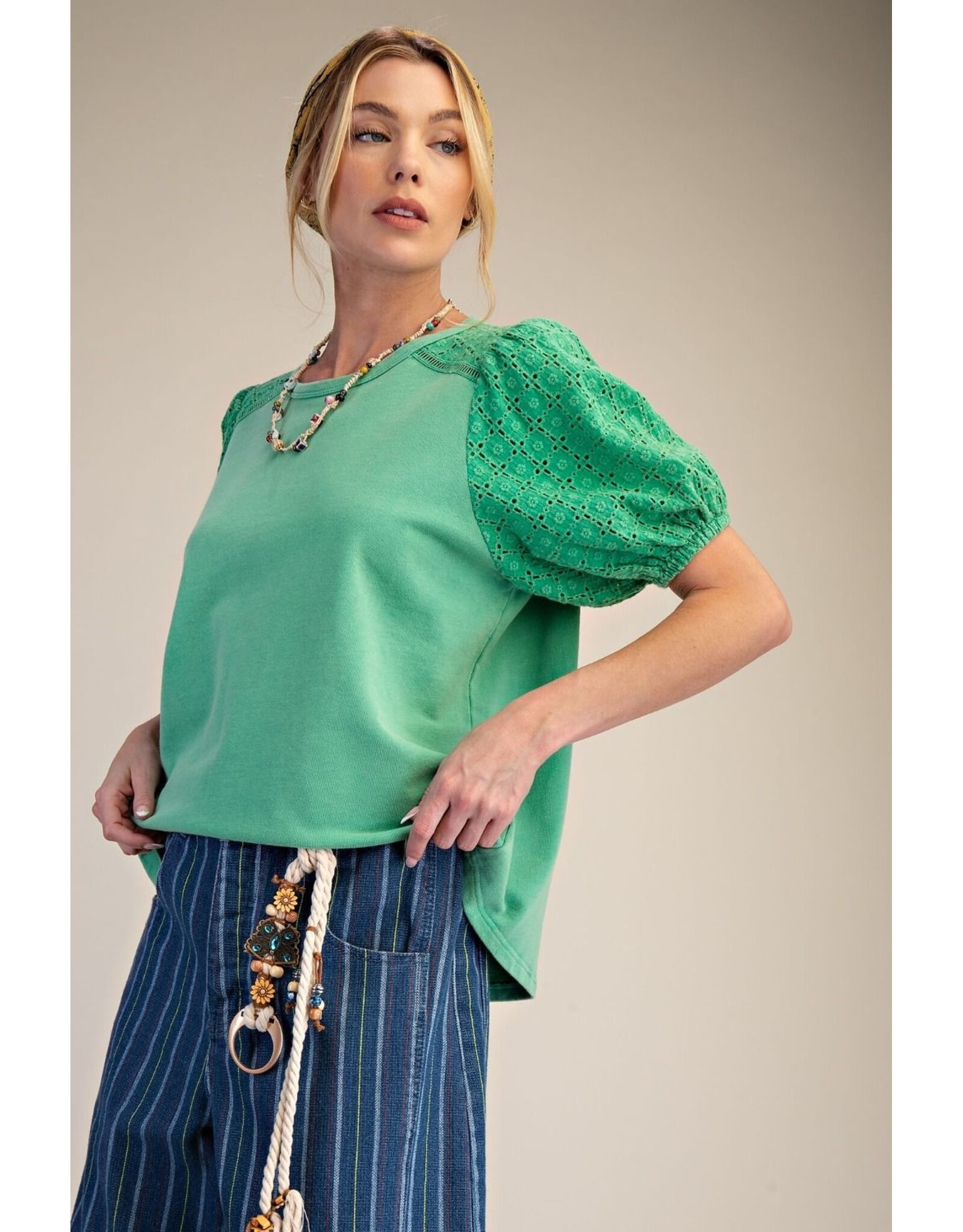 Selah Green Eyelet Sleeve Top
