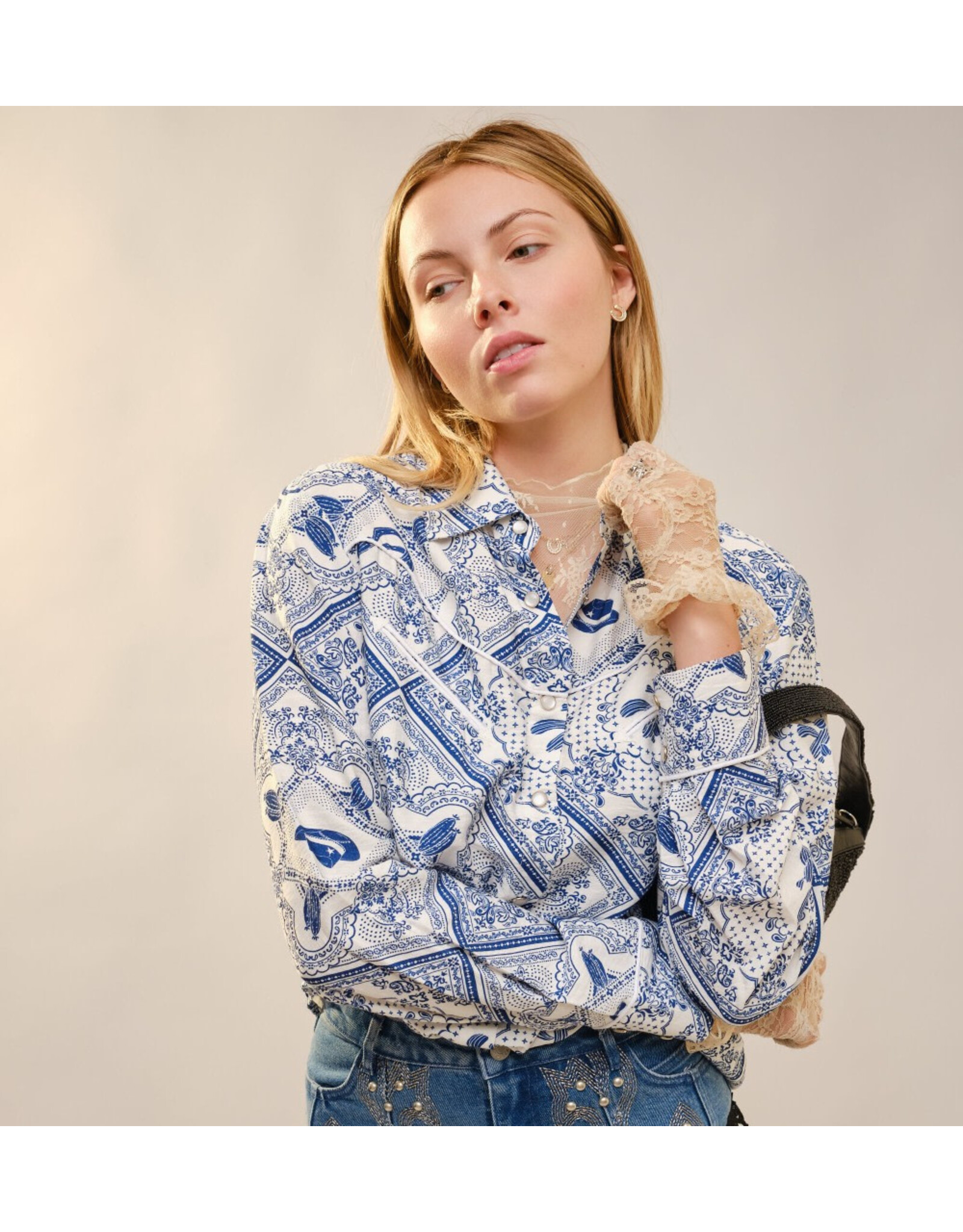 Lainey Western Long Sleeve Blue Button-Up Shirt