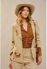 Dally Western Embroidery Ruched Sleeve Taupe Blazer