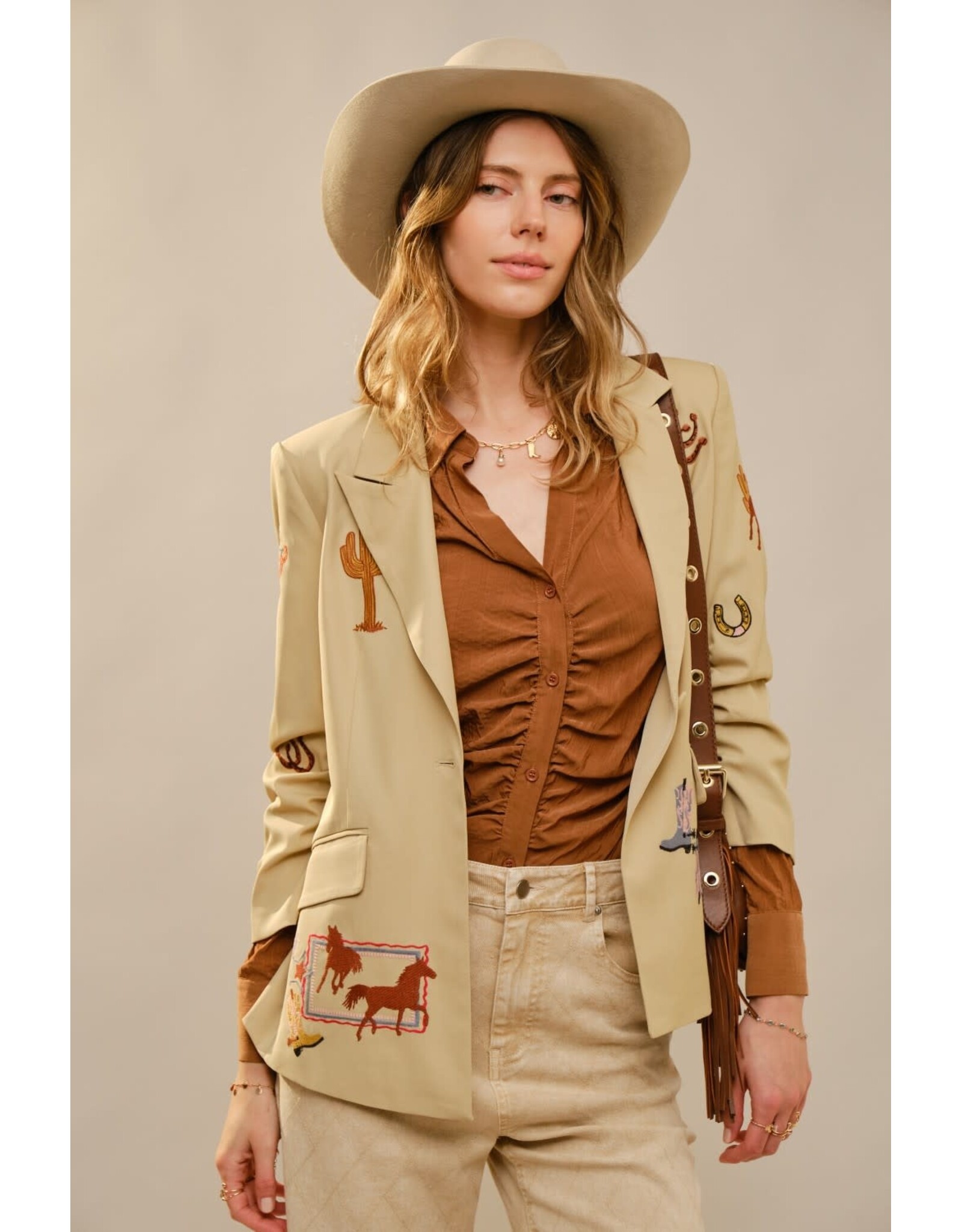 Dally Western Embroidery Ruched Sleeve Taupe Blazer