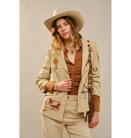 Dally Western Embroidery Ruched Sleeve Taupe Blazer