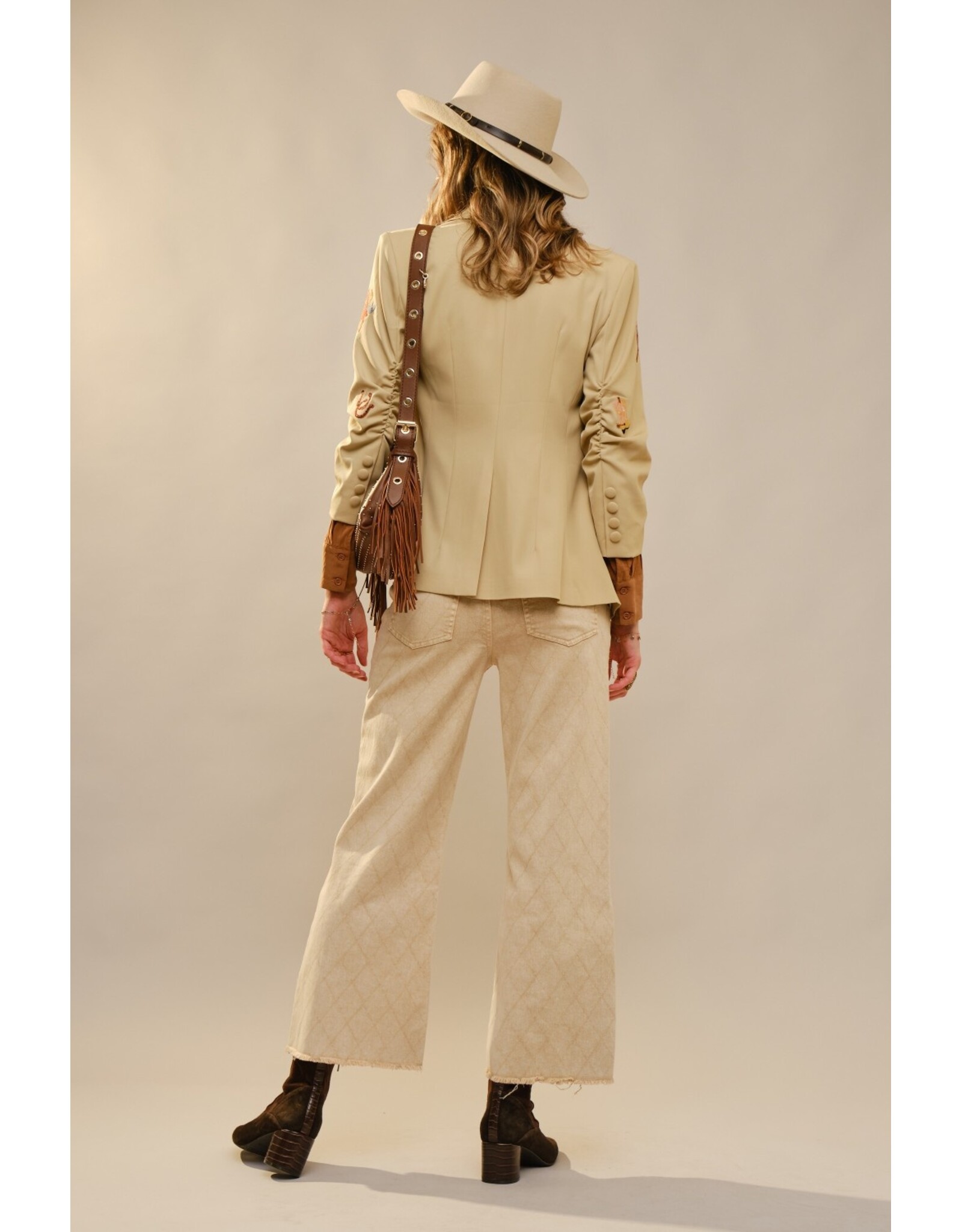 Dally Western Embroidery Ruched Sleeve Taupe Blazer