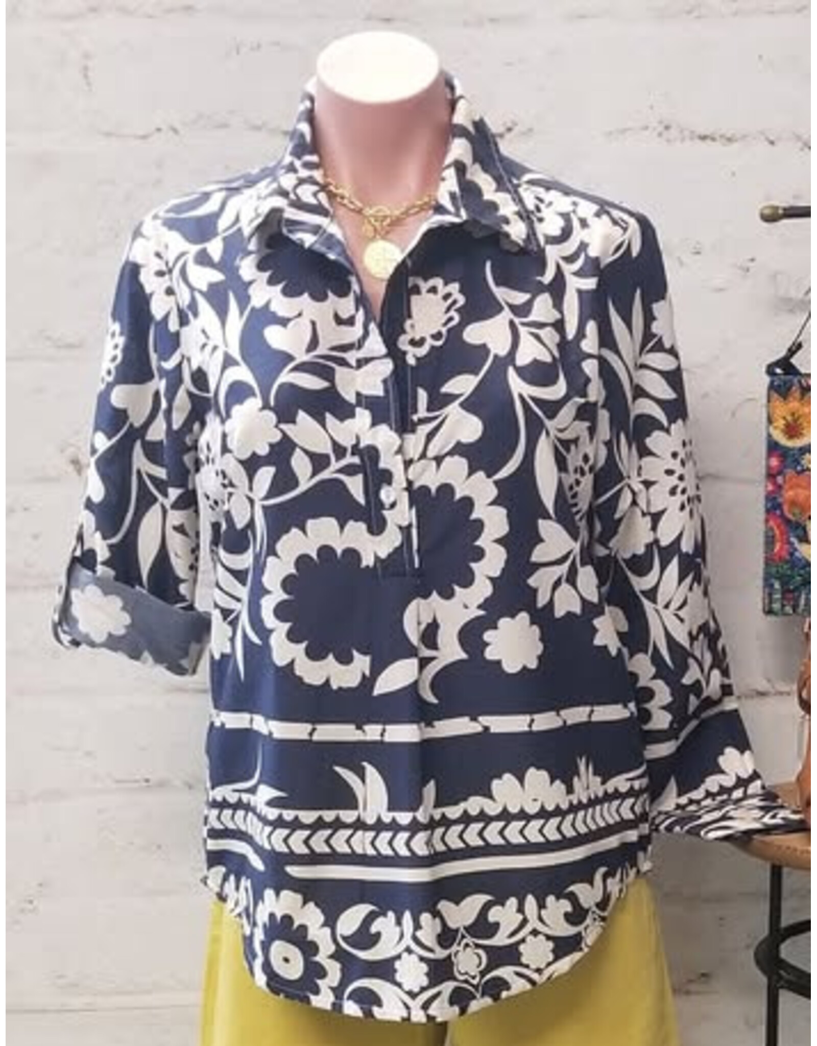 Lilah Printed Cotton Blouse Navy