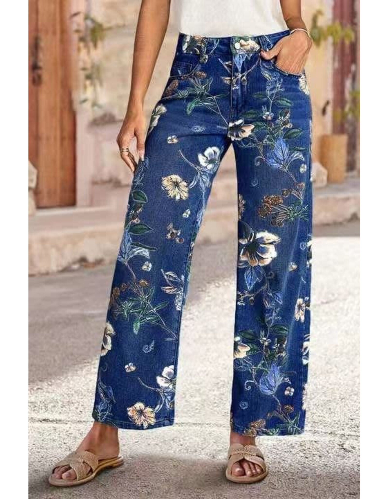 Francis Floral Print Staight Leg Blue Jeans