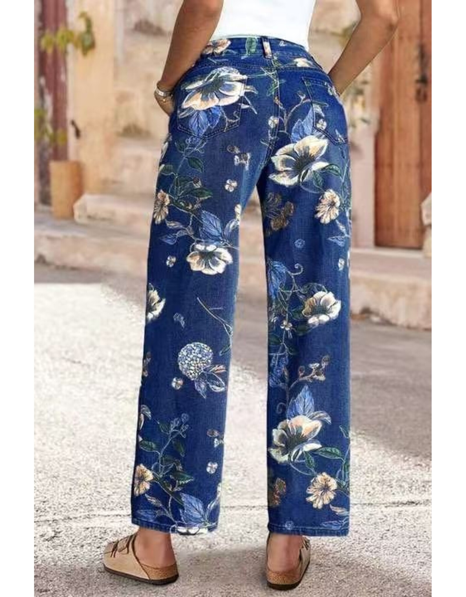 Francis Floral Print Staight Leg Blue Jeans