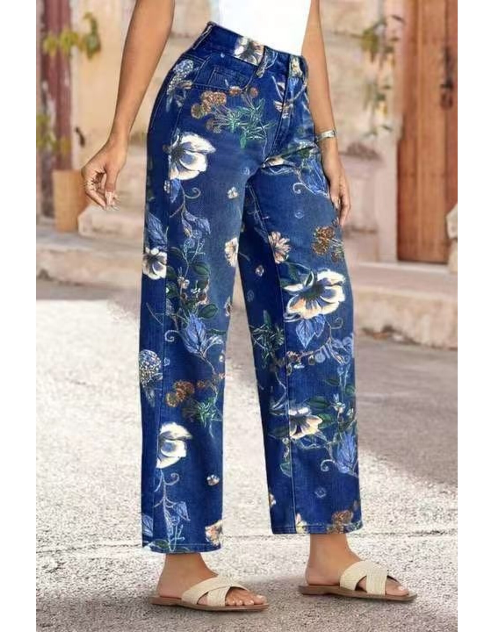 Francis Floral Print Staight Leg Blue Jeans
