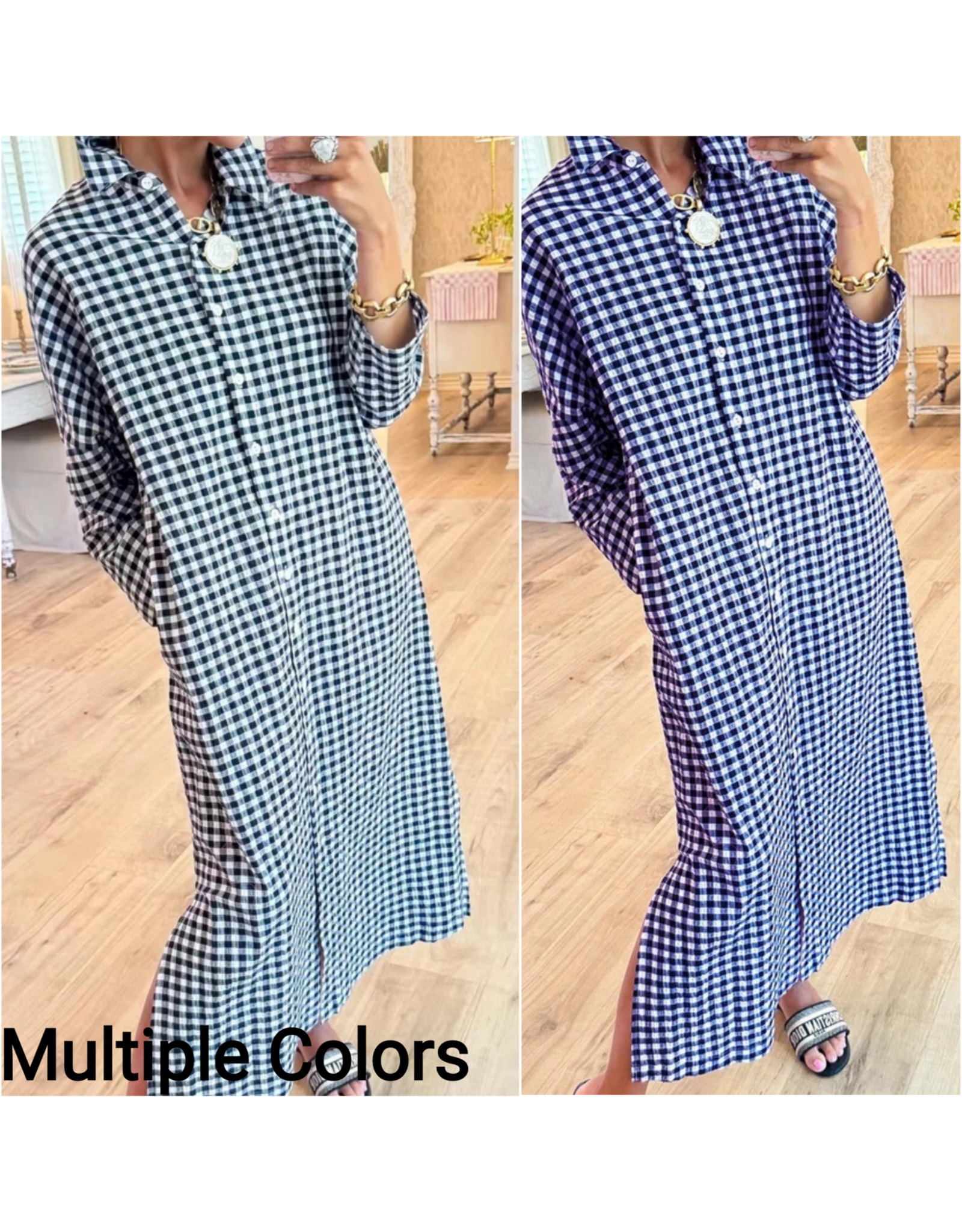 Georgette Gingham Long Maxi Shirt Dress