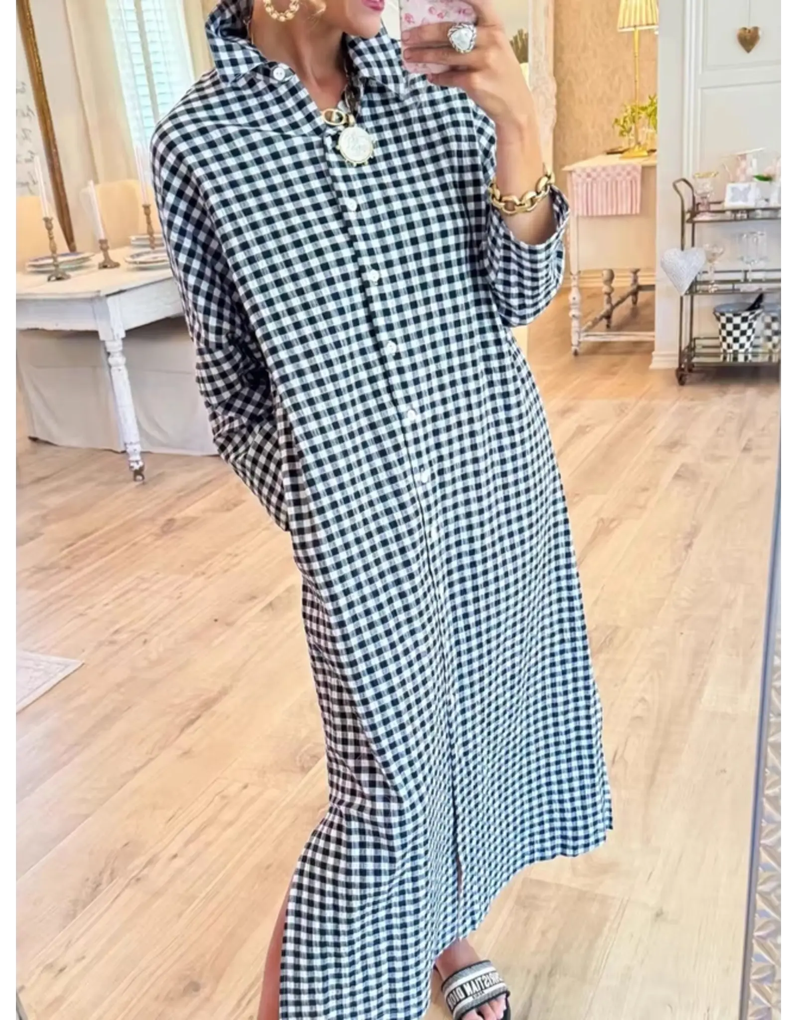 Georgette Gingham Long Maxi Shirt Dress