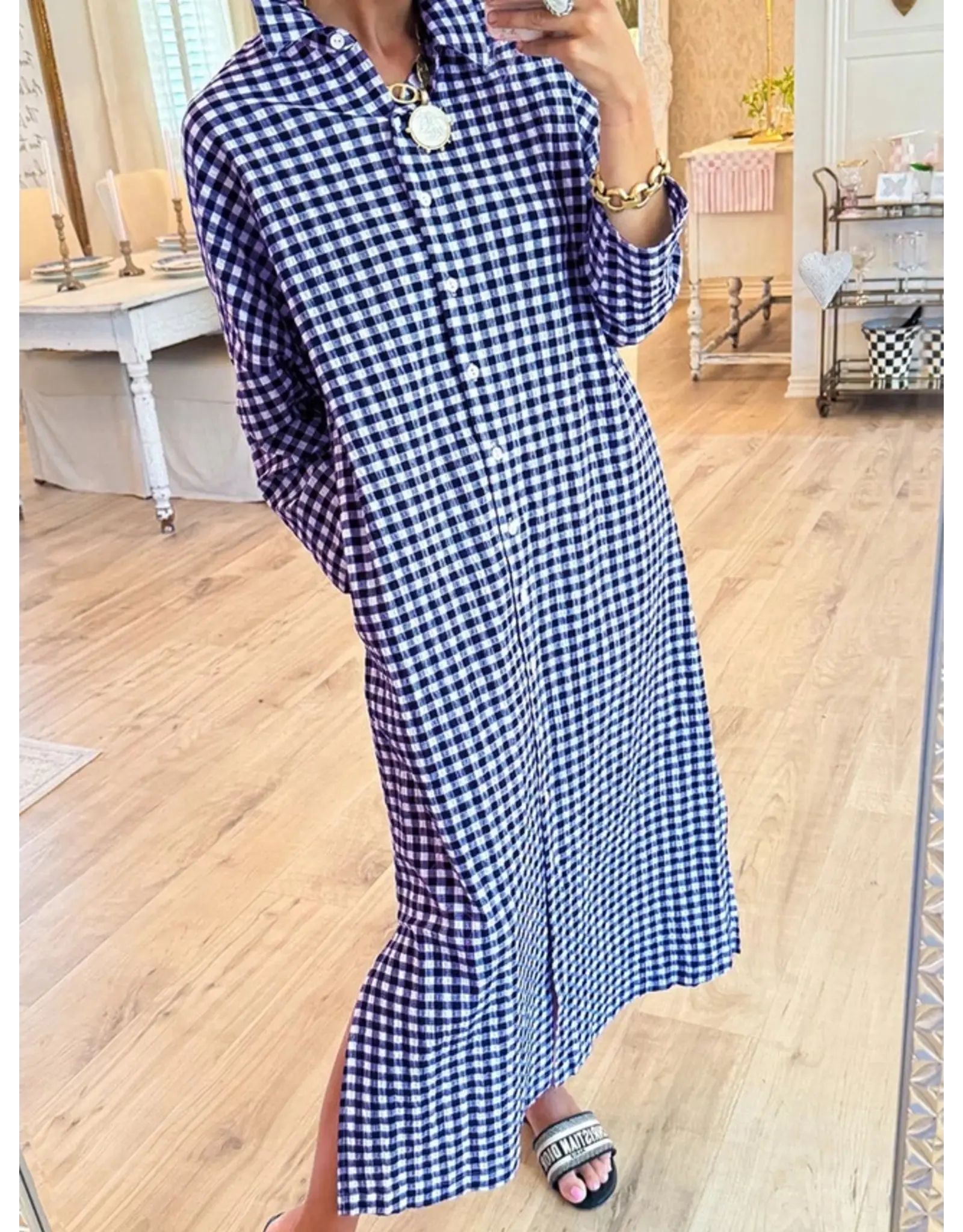 Georgette Gingham Long Maxi Shirt Dress