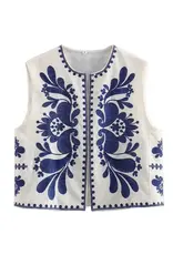 Brynlee Boho White Vest Blue Embroidery