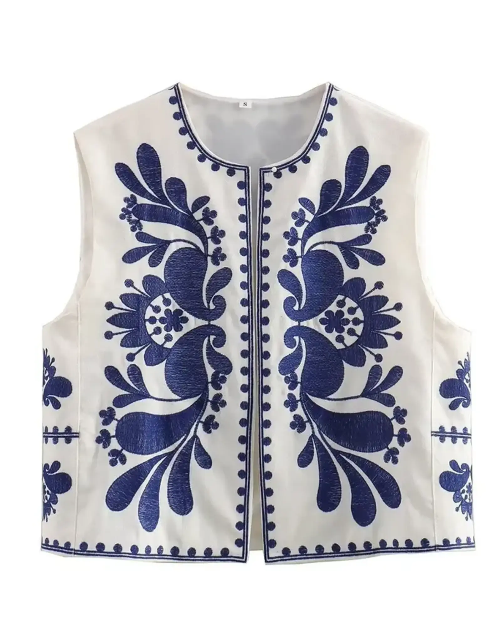Brynlee Boho White Vest Blue Embroidery