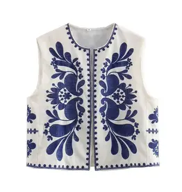 Brynlee Boho White Vest Blue Embroidery