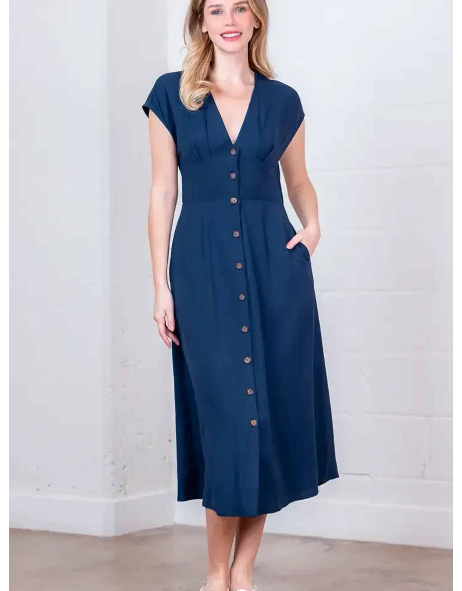 Nicole Navy Button Down A-Line Midi Dress