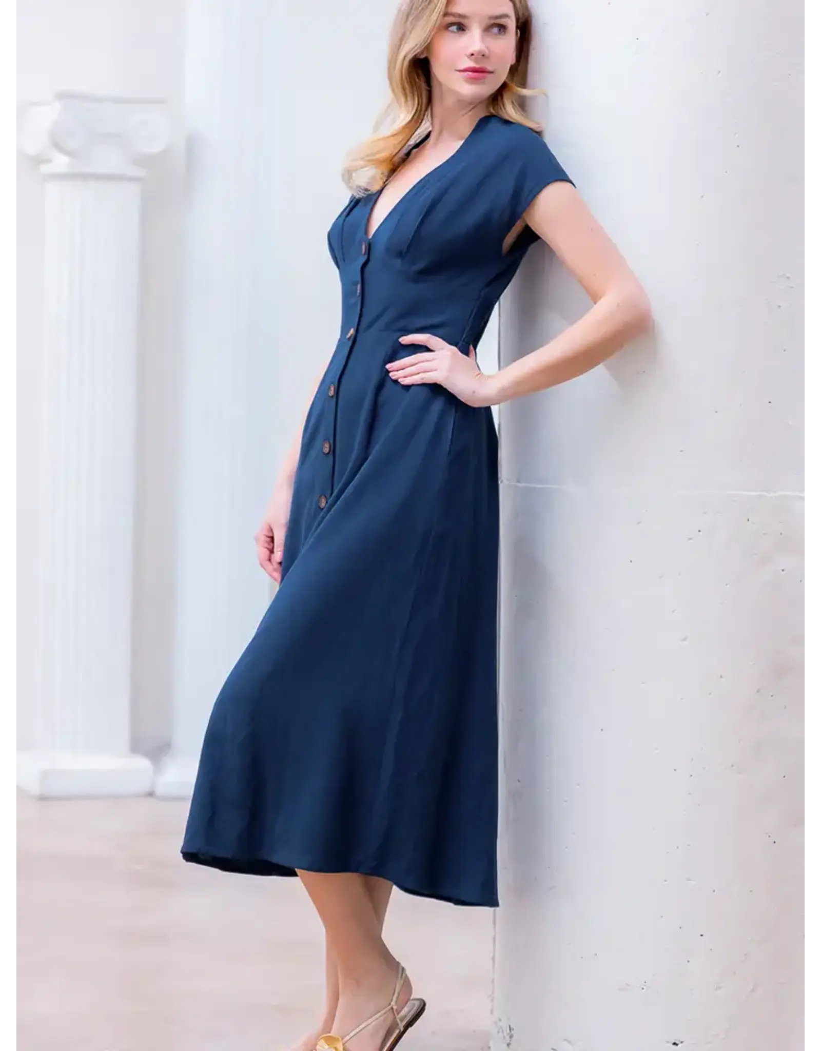 Nicole Navy Button Down A-Line Midi Dress