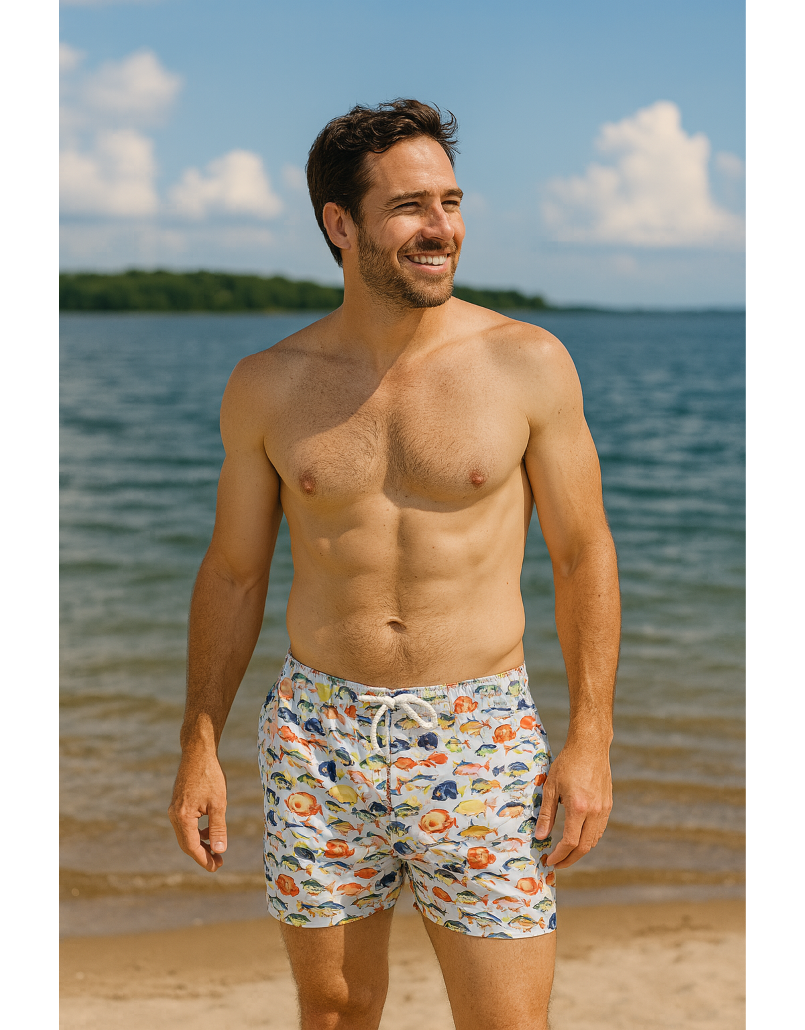Tropical Fish Printed Swim Trunks White Multi