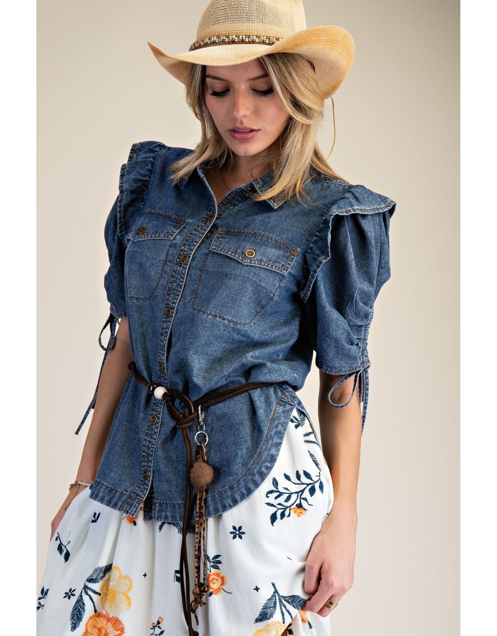 Patsy Ruffle Short Sleeve Denim Shirt