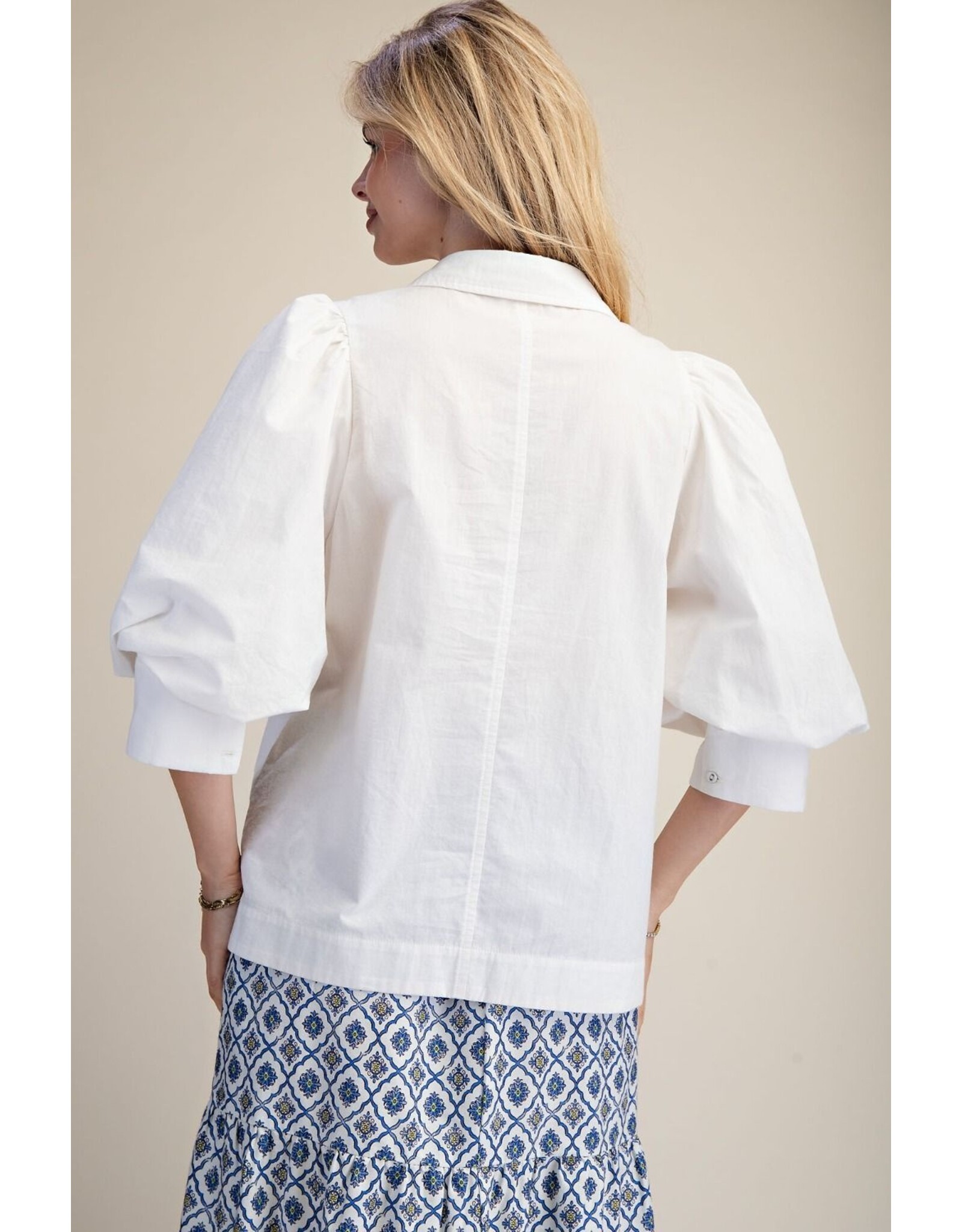 Whitney White Bubble 3/4 Sleeve Cotton Top with Scarf